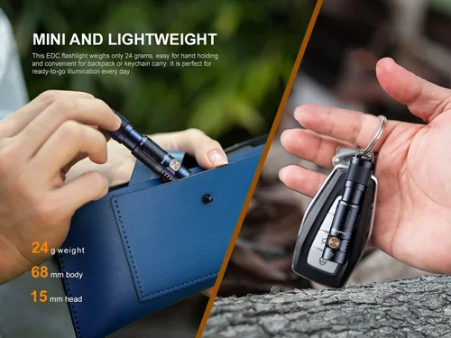 Vista 5 de EdisonBright Fenix E05R 400 Lumen USB Recargable EDC Llavero Linterna Cable de carga Estuche de transporte (negro)