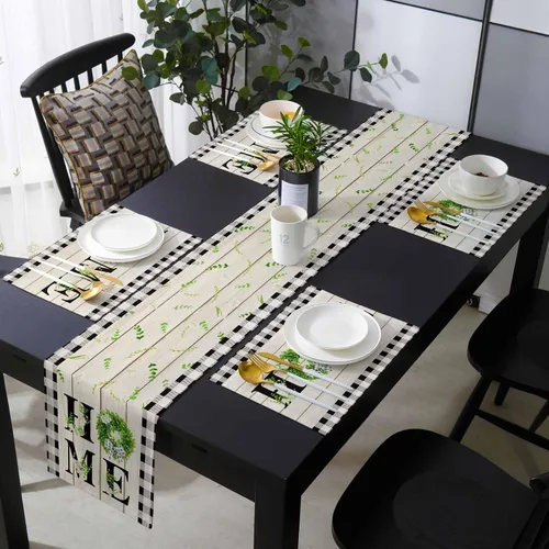 Vista 2 de Juego de 6 manteles individuales con hojas de granja, manteles individuales de algodón y lino, para cocina, comedor, 13 x 90 pulgadas, guirnalda