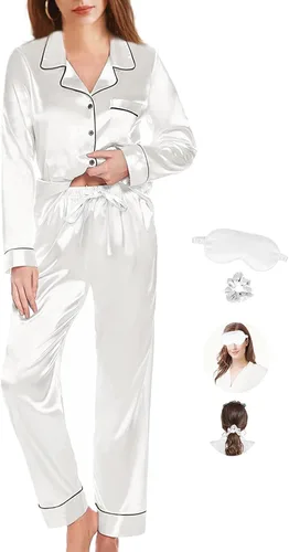 Vista 3 de Conjunto de pijama para mujer, pijama de satén de seda, pijama largo de 2 piezas, con botones, conjunto de pijama para descansar