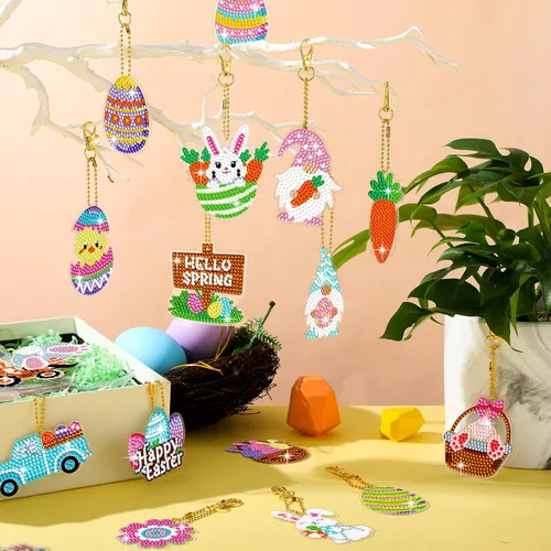 Vista 6 de Panelee 48 piezas de llavero de arte de diamante de Pascua, kits de arte de diamantes para colgar huevos de Pascua, adornos para niños