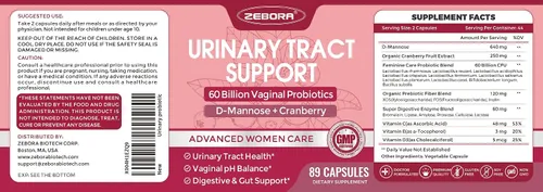 Vista 3 de ZEBORA Salud del tracto urinario y probióticos vaginales para mujeres con D manosa y arándano - 89 cápsulas