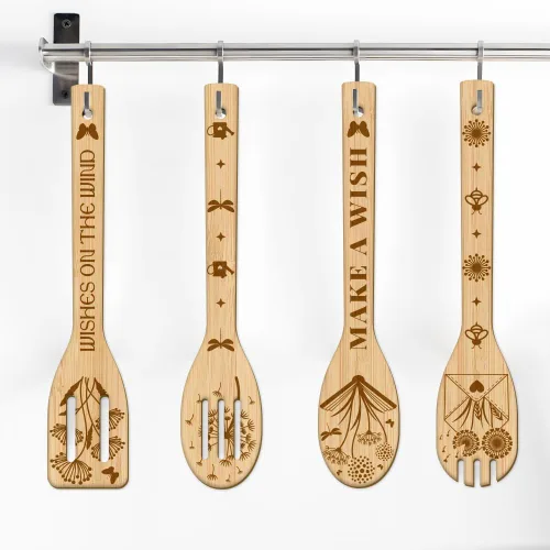 Vista 7 de GLOBLELAND Juego de 6 cucharas de madera de diente de león con diseño de mariposa y bambú, utensilios de cocina de madera grabada, juego