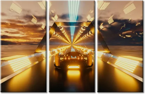 Vista 10 de Arte de pared de 3 piezas de escena de ciencia ficción de la calle comercial futurista paisaje urbano, decoración de pared para dormitorio