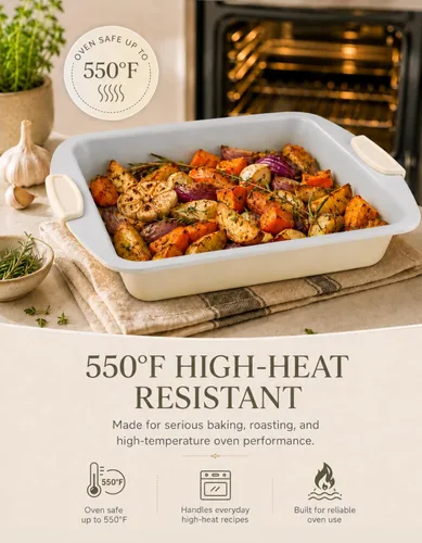 Vista 4 de Boxiki Kitchen Ceramic Square Cake Pan, 12x10x2 Inch Aluminized Steel Baking Pan, KFCC Korean Ceramic Coated Nonstick Bakeware, Heavy Duty Oven Safe