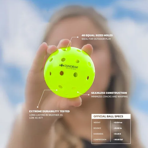 Vista 4 de Diadem - Pelotas de pickleball para exteriores Pelota de torneo aprobada por USAPA - Molde sin costuras de 40 agujeros - Rebote duradero, rápido