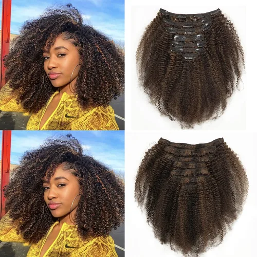 Vista 9 de Loxxy Afro rizado extensiones de clip grueso 100 % virgen Remy cabello humano 4B 4C negro natural 7 piezas con 17 clips 4.23 onzas/120 g por juego