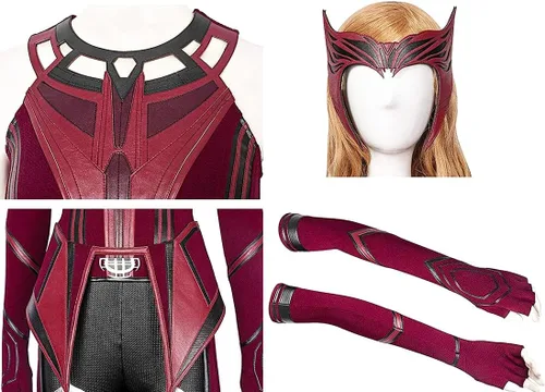 Vista 6 de Disfraz de Wanda Maximoff para mujer, disfraz de bruja escarlata, capa y pantalones, conjunto completo