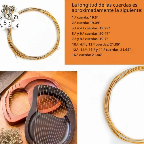 Vista 2 de 16 cuerdas de metal de repuesto de arpa de lira con 20 remaches Remaches huecos de latón dorado para reparación de arpa, juego de cuerdas para 16