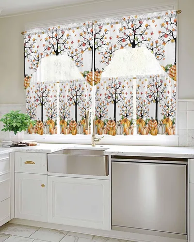 Vista 3 de Pumpkins Thanksgiving Kitchen Curtains Swag Valance and Tier Curtains Set 24 Inch Length, Fall Watercolor Botanical Leaves Retro Rod Pocket Drape