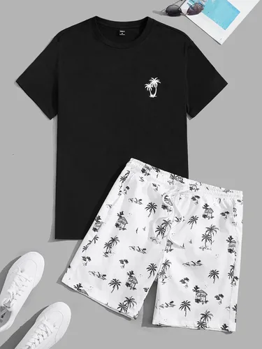 Vista 3 de GORGLITTER Conjunto de 2 piezas de camiseta gráfica de manga corta para hombre, estampado hawaiano con cordón y pantalones cortos