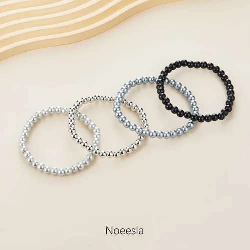 Vista 2 de Noessla Pulsera elástica de perlas con cuentas de plata, apilables, pulseras de cuentas de cristal, joyería de moda, regalo para el día de la madre