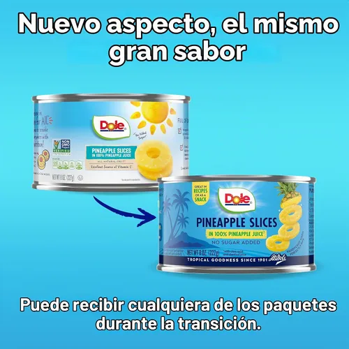 Vista 2 de Dole Canned Fruit, Pineapple Slices in 100% Pineapple Juice, Gluten Free, Pantry Staples, 8 Oz, Packaging May Vary