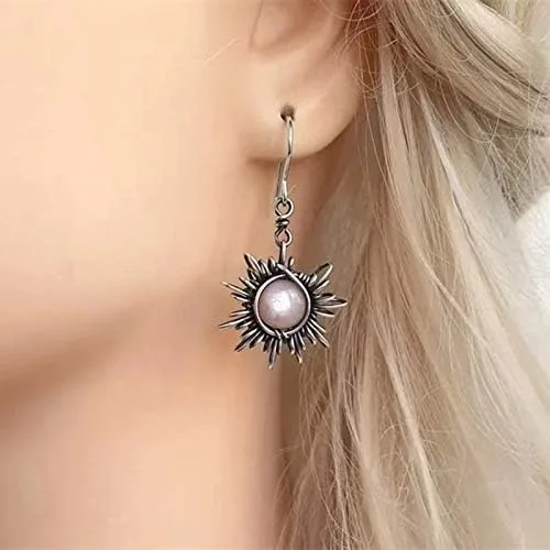 Vista 5 de COLORFUL BLING Aretes colgantes bohemios de ópalo con forma de sol y luna, piedra de luna, gancho de piedra natural, bohemios para mujeres y niñas