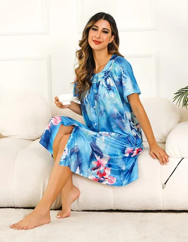 Vista 3 de YOZLY Vestido de casa para mujer, de manga corta, abrigo de casa con bolsillos