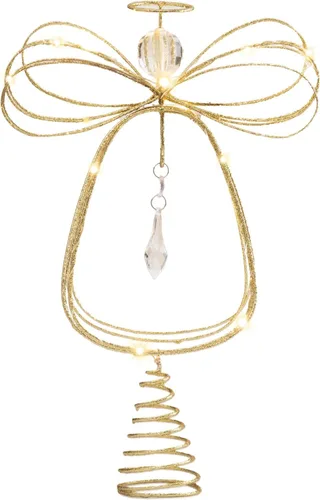 Vista 7 de Valery Madelyn Adorno de Ángel Iluminado para la Punta del Árbol de Navidad con Temporizador, Ángel Pequeño de Metal Dorado Preiluminado de 10