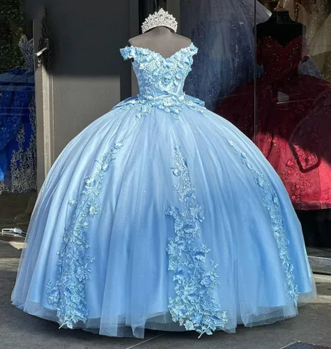 Vista 3 de Mouccy Preciosos vestidos de quinceañera con hombros descubiertos, vestido de bola hinchado con cuentas vestidos de fiesta de encaje dulce 15 16