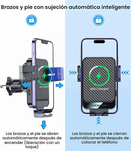 Vista 3 de Cargador inalámbrico para automóvil, MOKPR 15W carga rápida con sujeción automática, soporte de cargador para automóvil manos libres para tablero