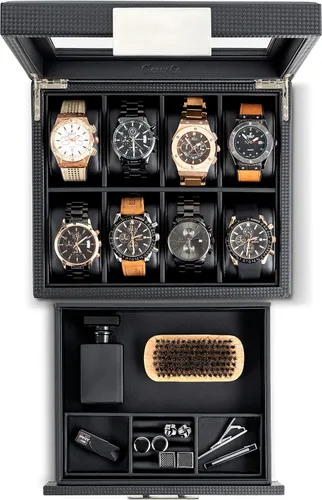 Vista 3 de Glenor Co Caja de reloj con cajón de valet para hombres, organizador de exhibición de lujo de 8 ranuras, diseño de fibra de carbono, hebilla