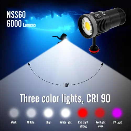 Vista 2 de Nitescuba NSS60 Buceo Luz Subacuática Video Luz 6000 Lumen Linterna Impermeable para 100m/330ft CRI=90 Fotografía Subacuática, que se conecta a