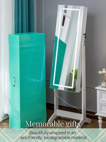 Vista 4 de LUXFURNI Armario de joyería con luz LED, espejo de pantalla completa, armario con cerradura, organizador grande de almacenamiento de cosméticos