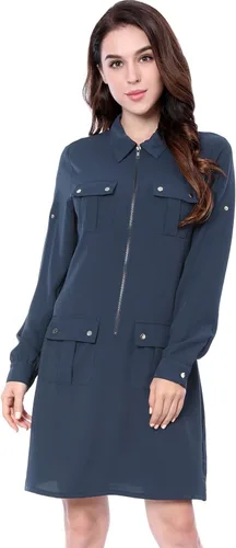 Vista 5 de Allegra K Vestido camisero con cuello y cinturón de safari con mangas enrollables para mujer, M