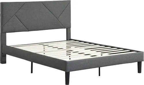 Vista 5 de Base de cama de plataforma de tamaño matrimonial con cabecera tapizada de tela y soporte de listones de madera, base de colchón totalmente tapizada