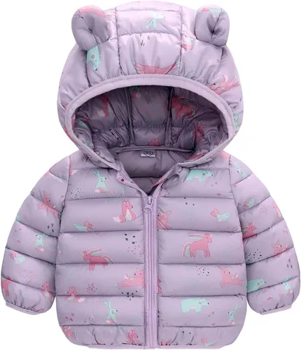 Vista 2 de Abrigo acolchado para niños, abrigo para niñas, resistente al viento, chaqueta con capucha cálida con estampado de dinosaurios, para niñas