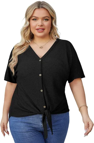 Vista 2 de OLRIK Blusa de manga corta con cuello en V para mujer, de punto gofre, con lazo frontal y botones