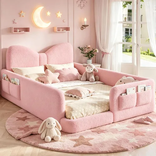 Vista 13 de Cama de suelo tapizada de tamaño matrimonial con valla y bolsillos, cama de Cama de suelo tapizada de tamaño matrimonial con listones y cabecero