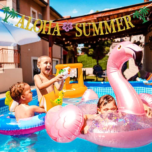 Vista 4 de Pancarta hawaiana de verano Aloha, guirnaldas de banderines para decoración de fiesta de verano hawaiana tropical Luau playa, suministros