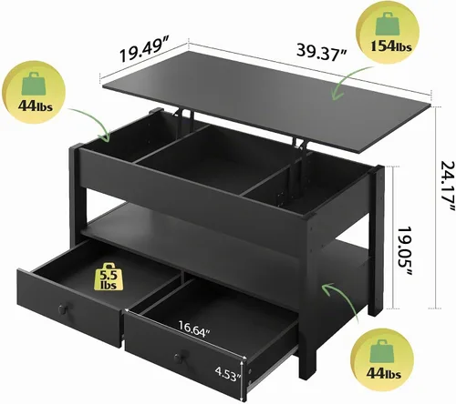Vista 3 de WLIVE Mesa de Centro, Mesa de Centro con Tapa Elevable con 2 Cajones, Gran Almacenamiento y Estante Abierto, Tapa de Mesa Elevable para Sala de Negro