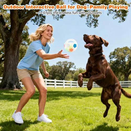 Vista 5 de The Mellow Dog - Pelota calmante con asa, pelotas interactivas fuertes y duraderas con forma de fútbol, juguete de fútbol para perros para jugar