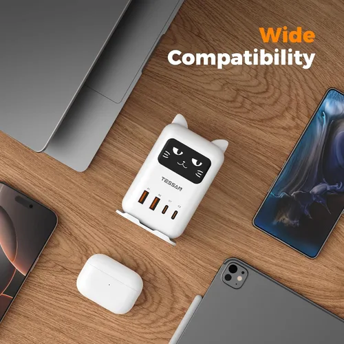 Vista 5 de Cargador de bloque USB C PD 65W, estación de carga TESSAN para múltiples dispositivos, cargador de torre de escritorio con 4 puertos USB para iPhone