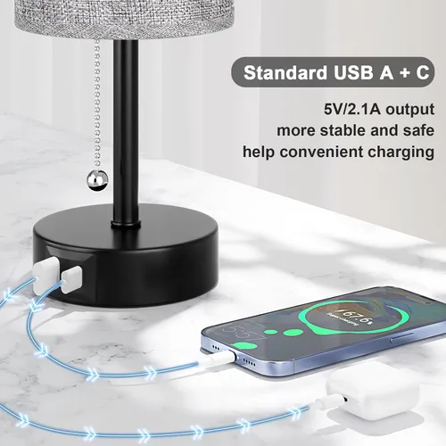 Vista 7 de Juego de 2 lámparas de noche grises para dormitorio, lámpara de mesa de noche con puerto de carga USB A + C, 3 temperaturas de color, cadena