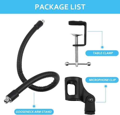 Vista 6 de Soporte de brazo para micrófono, soporte de micrófono de escritorio flexible de cuello de cisne de 360 grados con abrazadera de escritorio