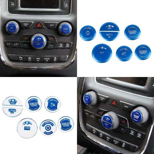 Vista 6 de Interruptor de aire acondicionado de aleación de aluminio, botón de CD, cubierta de parche de luz permeable para Dodge Durango 14-20 15-22 Dodge Azul