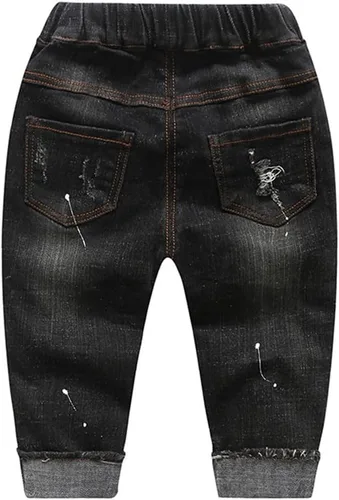Vista 2 de KIDSCOOL SPACE Jeans para Bebé Niña Niño, Pantalones de Mezclilla Rasgados con Cintura Elástica para Niños Pequeños Negro