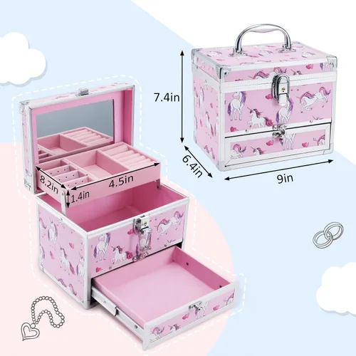 Vista 7 de Hododou Joyero para niñas diseño de unicornio rosa organizador con cajón y espejo estuche de almacenamiento con cerradura estilo unicornio
