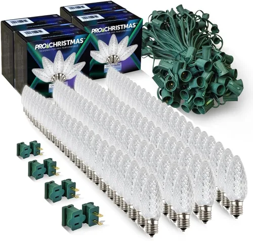 Vista 59 de Pro Christmas - Kit de luces C9 para exteriores, blanco cálido, cable verde, 50 bombillas, 50 pies