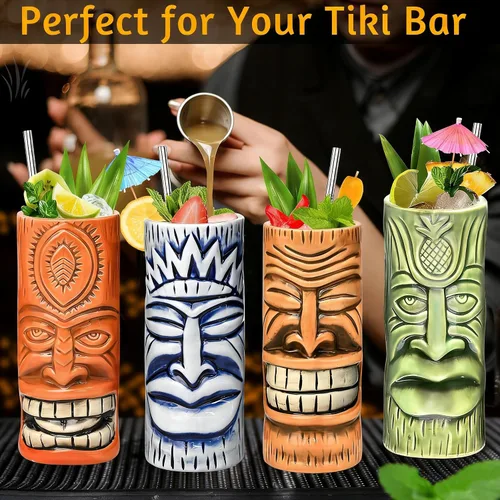 Vista 4 de Tiki Mugs - Juego de 4 tazas de cóctel de cristal Tiki de cerámica, vasos de cóctel únicos, taza hawaiana profesional de bar y Halloween fiesta