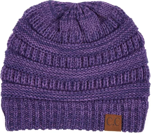 Vista 3 de CC Classic Winter Fall Trendy Chunky Stretchy Cable Knit Beanie Hat 2 tonos púrpura/azul marino