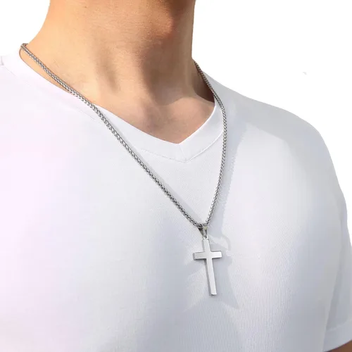 Vista 5 de RS Collar de cruz para hombres, niños y mujeres, de 16 a 24 pulgadas, cadena colgante de cruz de acero inoxidable, regalo religioso, Acero