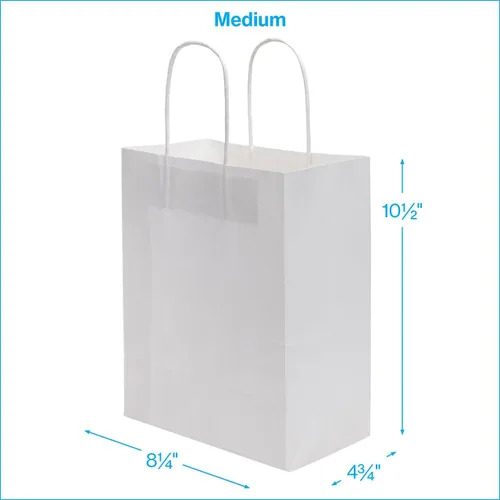 Vista 5 de SSWBasics Bolsas de compras de papel kraft blancas medianas - 8 ¼ L x 4 ¾ D x 10 ½ H - Estuche