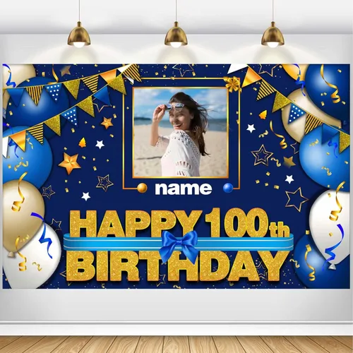 Vista 108 de Pancarta Personalizada de Decoraciones de Feliz Cumpleaños 101 - Telón de Fondo de 101 Años para Mujeres Hombres Niños Niñas Suministros de Fiesta