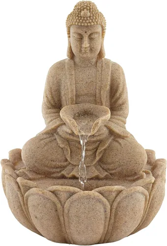 Vista 2 de Calm Buddha - Fuente de mesa de piedra de arena de 14 pulgadas de alto con luz LED de cascada para jardín, patio, escritorio, patio trasero, porche