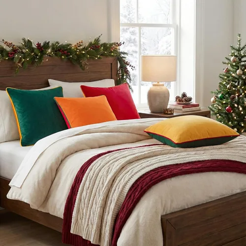 Vista 6 de Mecatny Juego de 4 fundas de almohada decorativas de terciopelo de 20 x 20 Verde/Rojo
