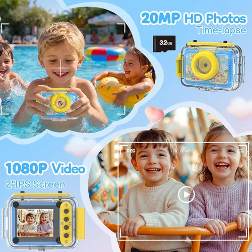 Vista 7 de Juguete de piscina y cámara submarina para niños, cámara de acción impermeable de 99 pies, video de 1080P y foto de 20 MP con lente abatible