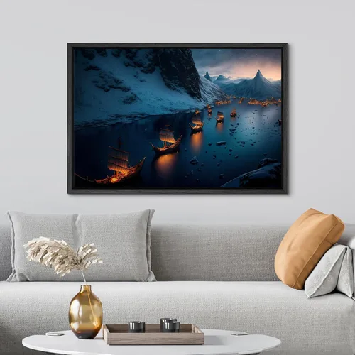 Vista 2 de ZZJYYC Póster de barco vikingo noruego, buque de guerra vikingo, impresión artística de barco vikingo en fiordo, lienzo náutico estético, decoración
