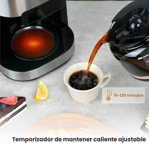 Vista 7 de Gevi Cafetera de 10 tazas con molinillo de rebabas integrado, temporizador programable, tanque de agua de 1.5L, filtro reutilizable y placa