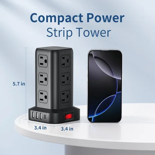 Vista 4 de AnnTane Protector de Sobretensión Regleta de Alimentación con Cable de 6.5 Pies, Regleta de Alimentación de Torre con 4 Puertos USB (1 USB C), Cable